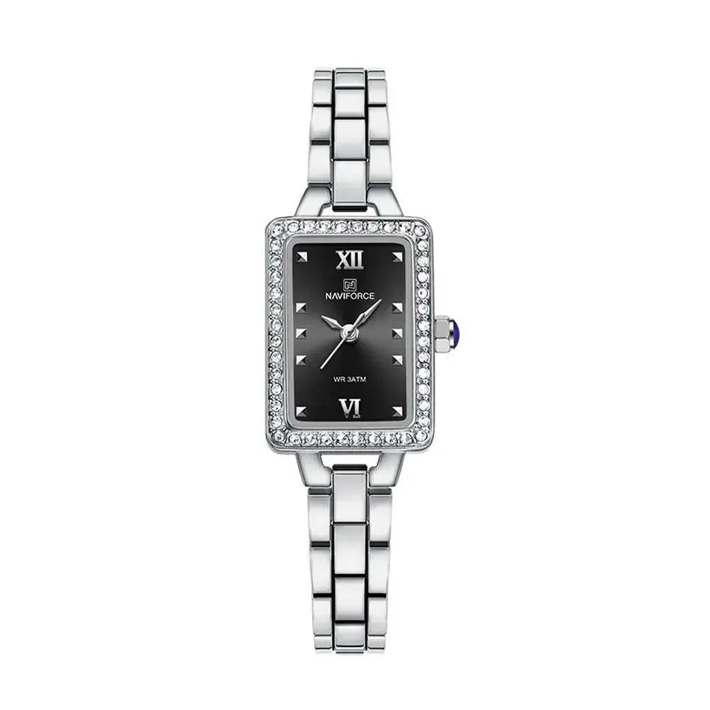 Naviforce NF5043 Luxury Stainless Steel Strap Chronograph Retro Versatile Fashion Women's Watch – Dial Color: Black, Strap Color: Silver – View 1