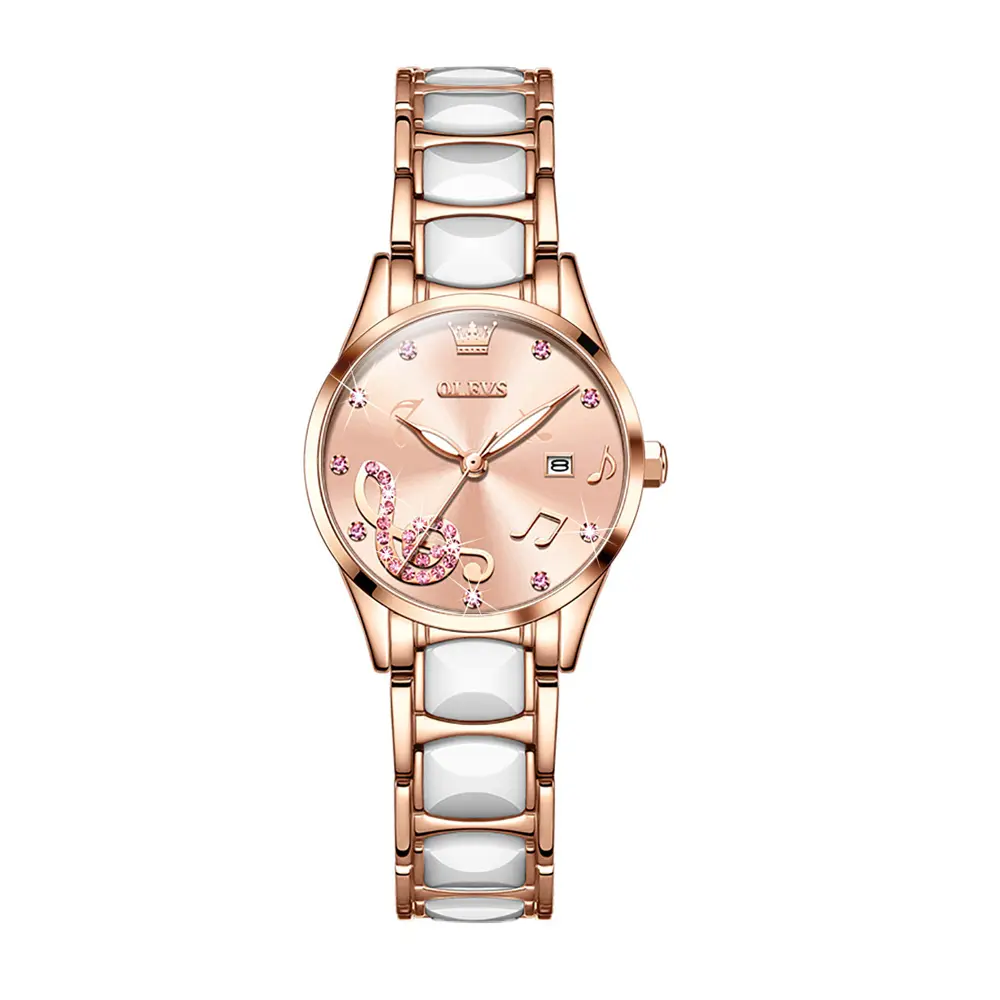 Olevs 3605 Luxury Quartz Rhinestone Ceramics Strap Wristwatch – Dial Color: Pink, Strap Color: White – View 1