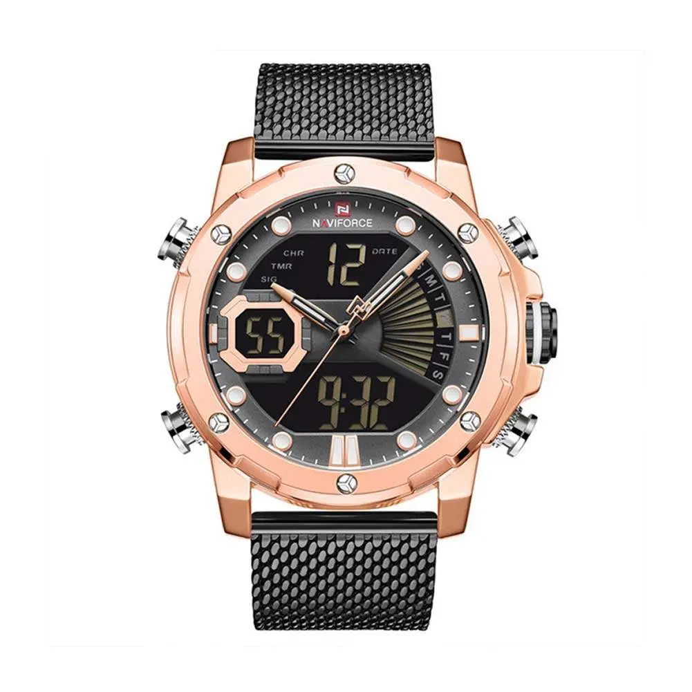 Naviforce NF9172 Stainless Steel Dual Movement Fashion and Casual Men's Watch – Dial Color: Rose Gold, Strap Color: Black – View 1