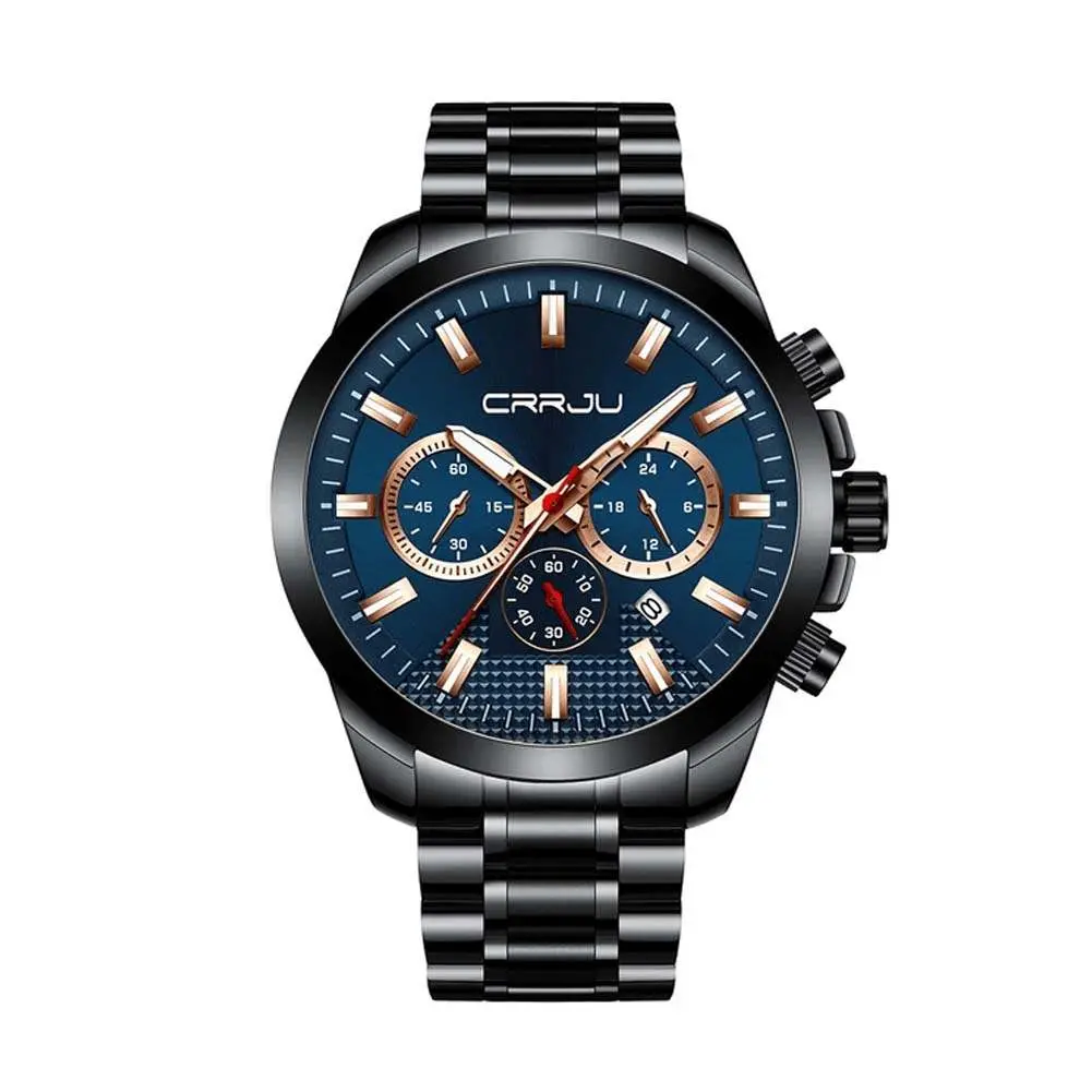 CRRJU 2286 High Quality Stainless Steel Multifunctional Quartz Classic Men's Watch – Dial Color: Rose Gold, Strap Color: Blue – View 1