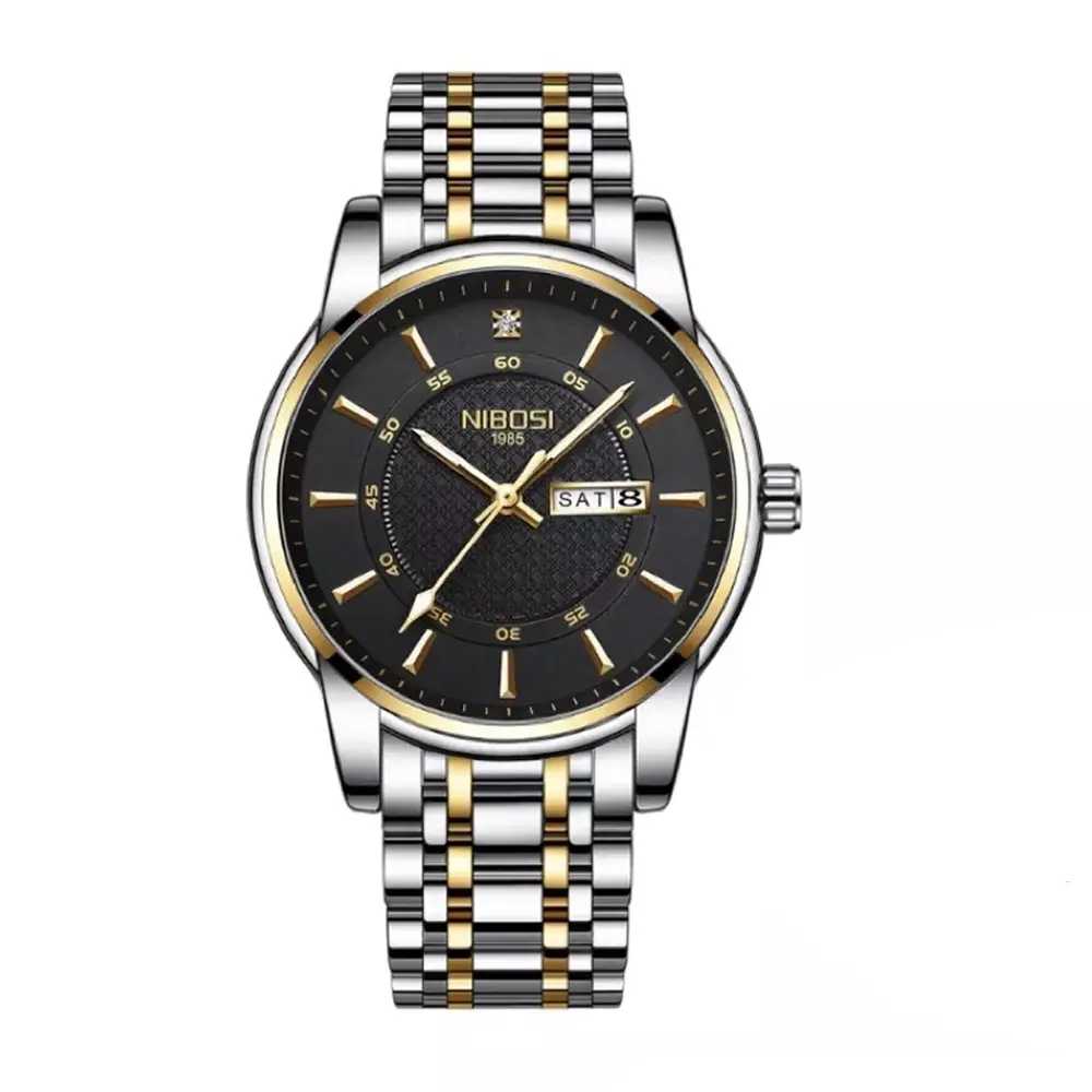 Nibosi 2381 Luxury Stainless Steel Analog Men's Watch – Dial Color: Black, Strap Color: Silver – View 1