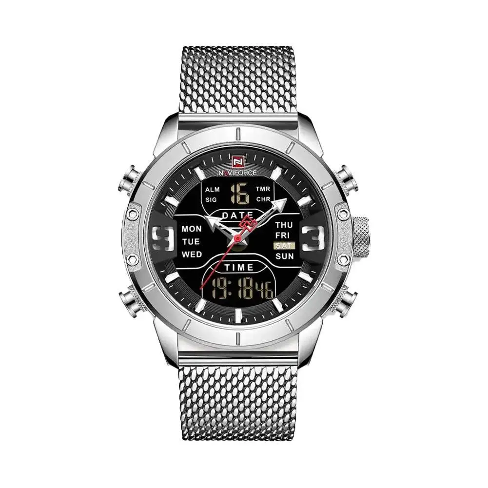 Naviforce NF9153 Mesh Stainless Steel Dual Display Multifunctional Sports Men's Watch – Dial Color: Black, Strap Color: Silver – View 1
