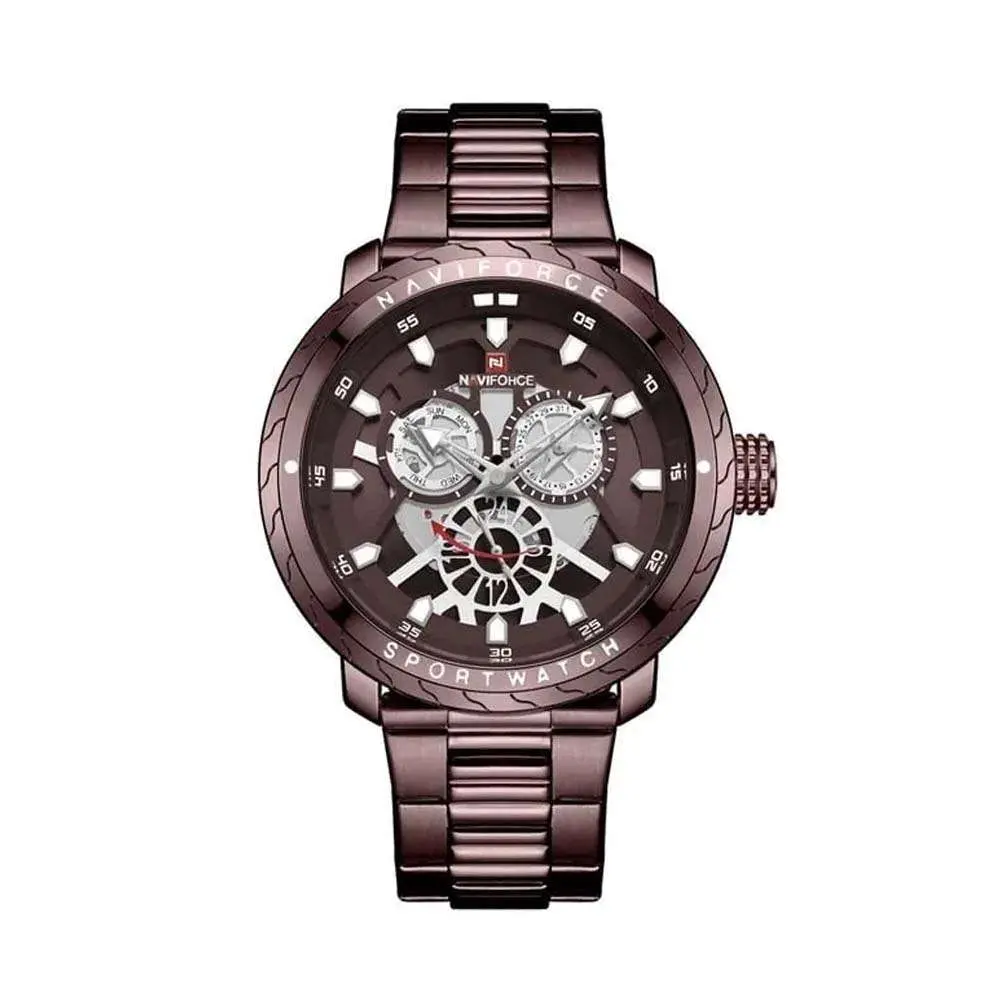 Naviforce NF9158 Luxury Stainless Steel Multifunctional Quartz Men's Watch – Dial Color: Brown, Strap Color:  Brown  – View 1