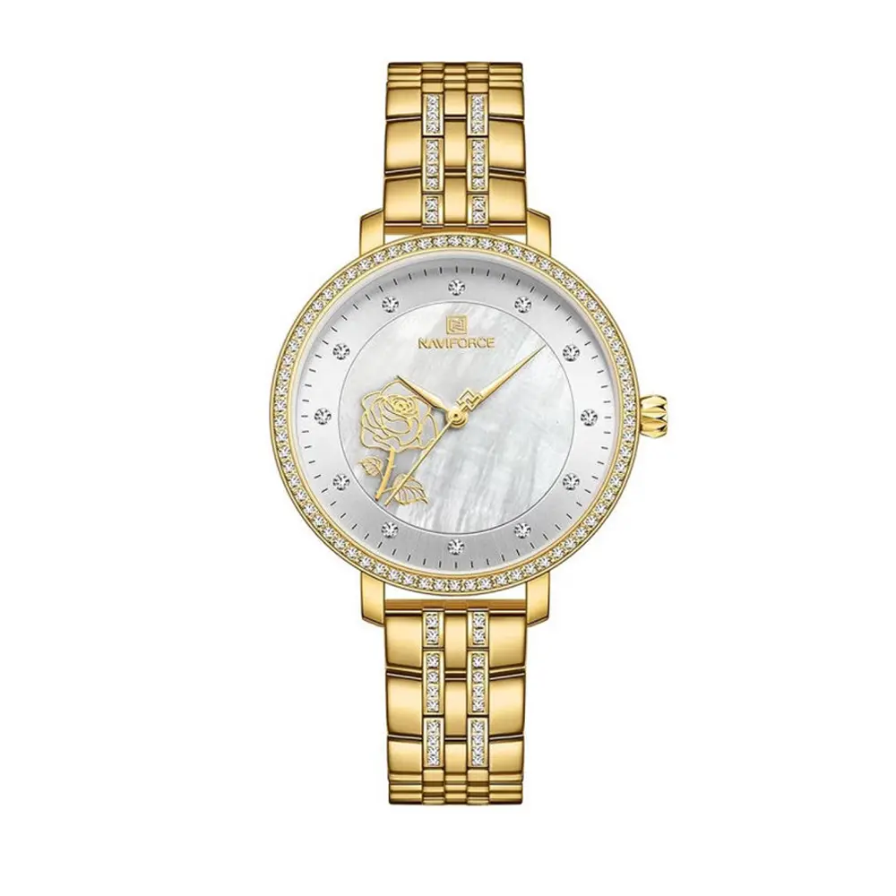 Naviforce NF5017 Quartz Stainless Steel Women’s Watch – Dial Color: Silver, Strap Color: Gold  – View 1