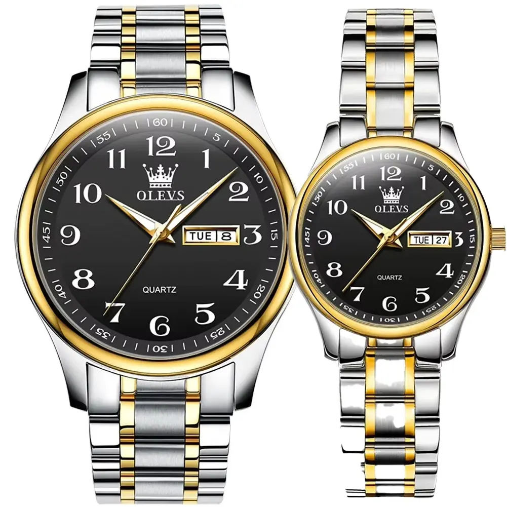 OLEVS 5567 Royal Stainless Steel Waterproof Chronograph Couple's Watch with Luminous – Dial Color: Black, Strap Color: White Gold – View 1