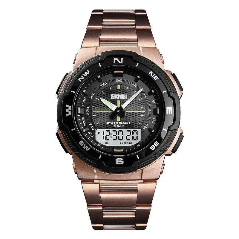 SKMEI 1370 Dual Time Premium Stainless Steel Sporty Men's Watch – Dial Color: Black, Strap Color: Rose – View 1