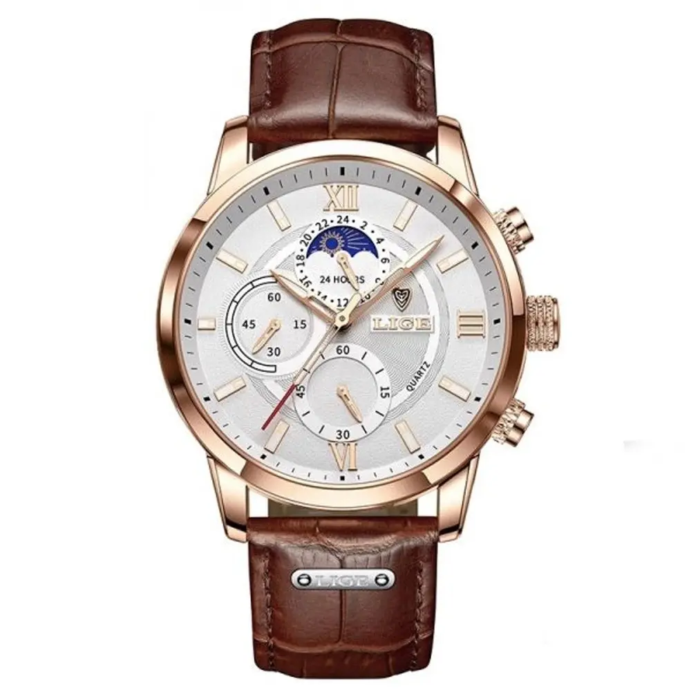 LIGE 8932 Premium Moon Phase Leather Strap Luxury Men's Watch – Dial Color: White, Strap Color:  Brown  – View 1