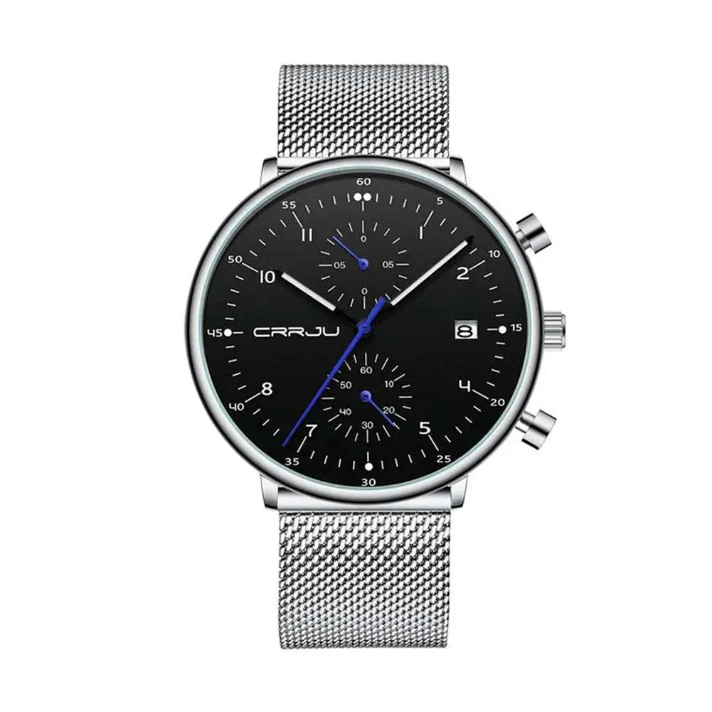 CRRJU 2278 Comfortable Mesh Stainless Steel Ultra Slim Modern Fashion Men's Watch – Dial Color: Black, Strap Color: Silver – View 1