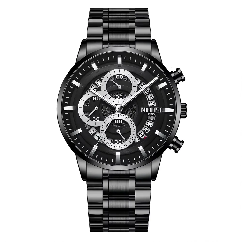 Nibosi 2369 Multifunction Stainless Steel Fashionable Men Watch – Dial Color: Black, Strap Color: Black – View 1