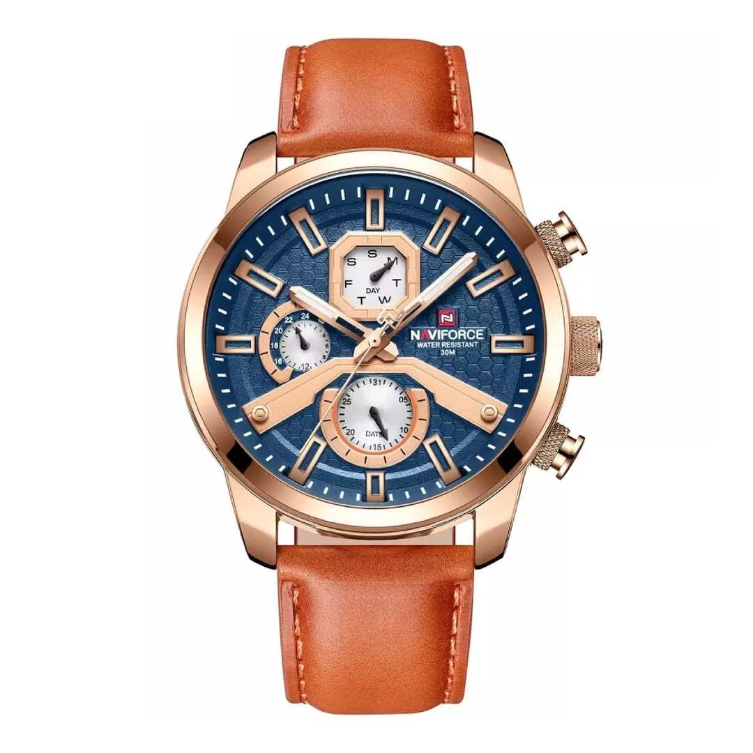 NaviForce NF9211L Chronograph Leather Strap Luminous Men's Watch – Dial Color: Rose, Strap Color: Orange – View 1