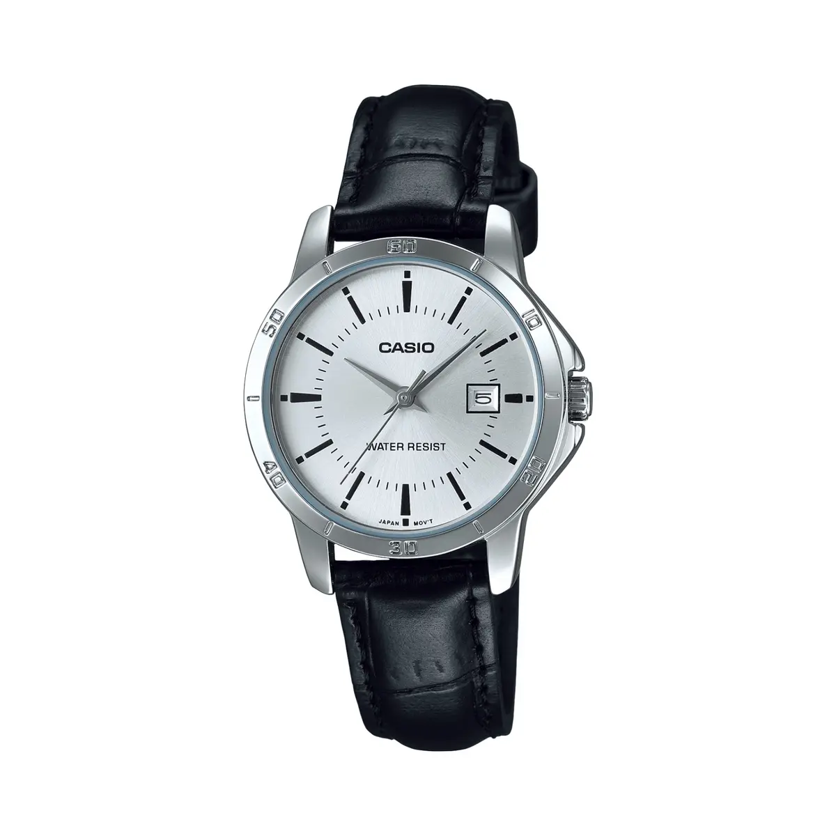 CASIO LTP-V004L-1AUDF Classic Leather Strap Stainless Steel Women's Analog Quartz Watch – Dial Color: White, Strap Color: Black – View 1