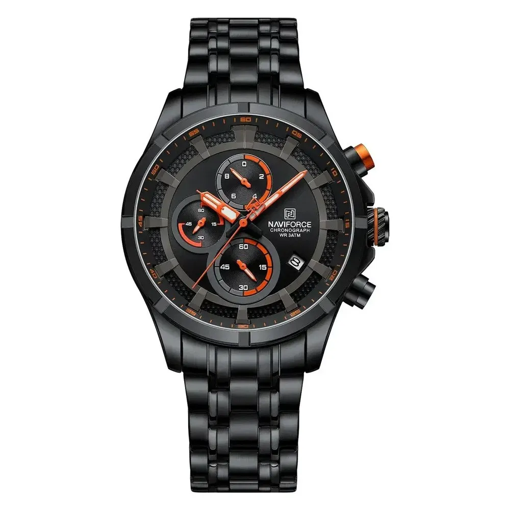 Naviforce 8046 Chronograph Stainless Steel Men Watch – Dial Color: Black, Strap Color: Orange – View 1