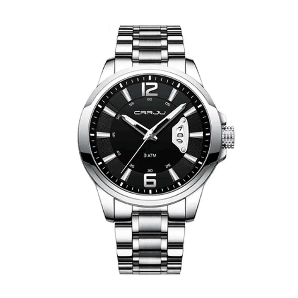 CRRJU 2191 High Quality Stainless Steel Analog Quartz Men's Watch – Dial Color: Black, Strap Color: Silver – View 1