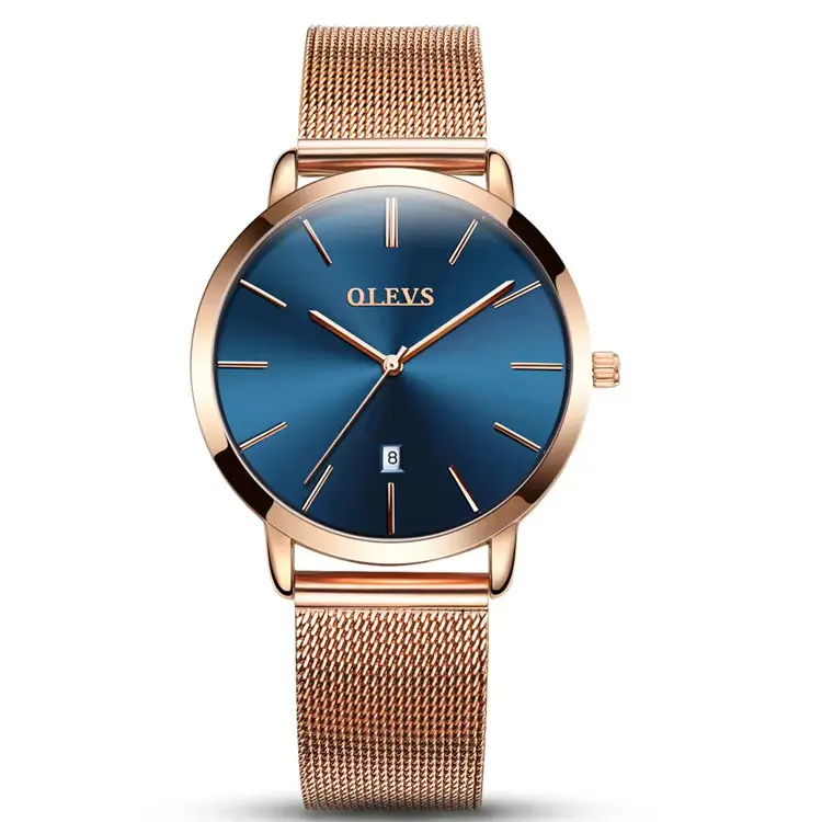 OLEVS 5869 Milanese Mesh Strap Waterproof Versatile Ultra Thin Couple's Wristwatch – Dial Color: Blue, Strap Color: Rose Gold – View 1