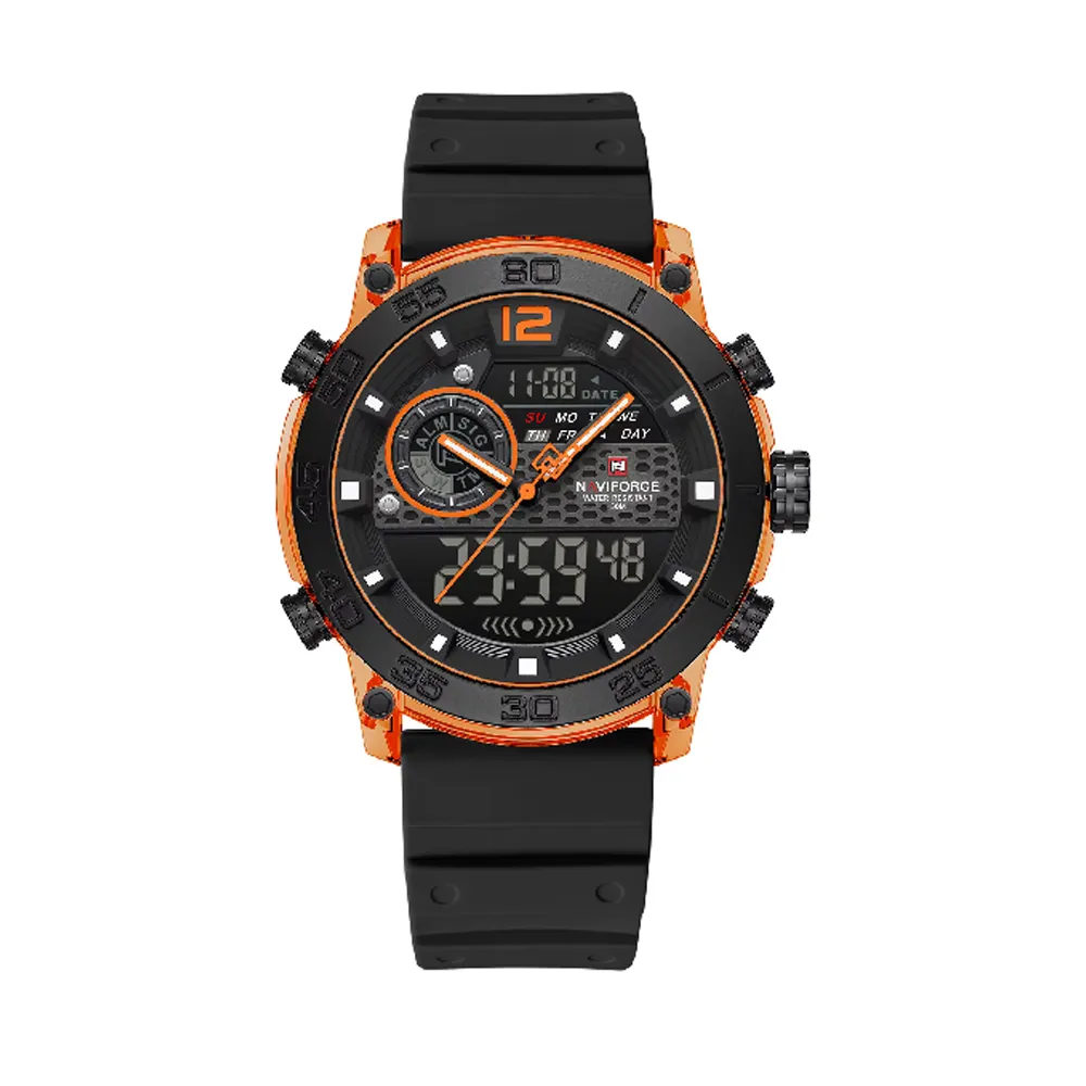Naviforce 6104 Digital Analog Silicone Strap Waterproof Sporty Men's Watch – Dial Color: Orange, Strap Color: Black – View 1
