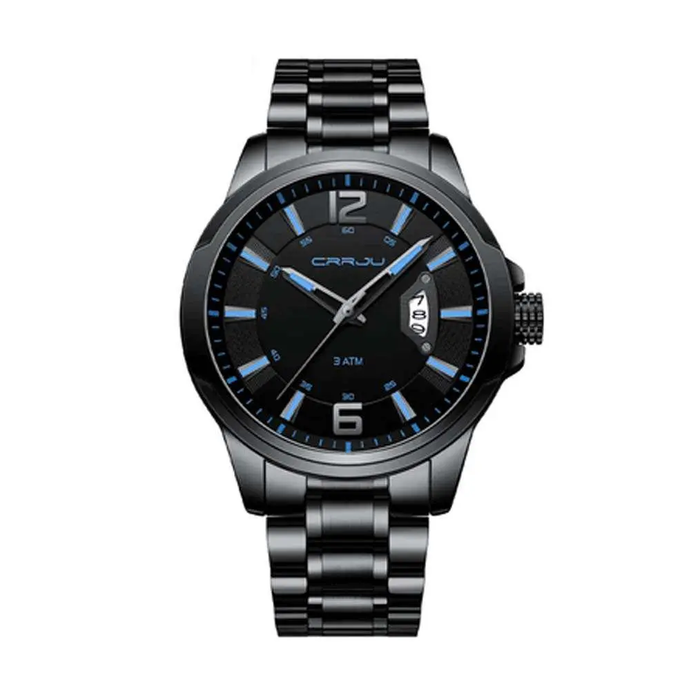 CRRJU 2191 High Quality Stainless Steel Analog Quartz Men's Watch – Dial Color: Blue, Strap Color: Black – View 1