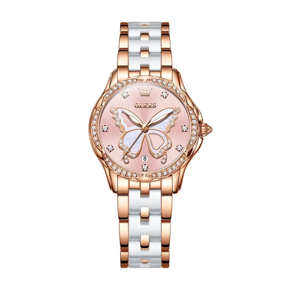 OLEVS 5610 Beauty Dial Luminous Steel Ceramic Bracelet Women Watch – Dial Color: Pink, Strap Color: White – View 1