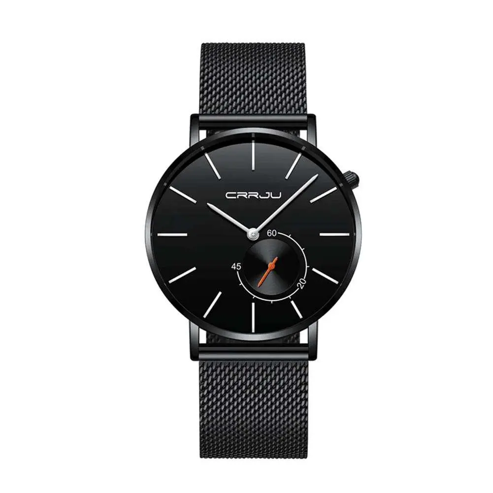 CRRJU 2220 Comfortable Mesh Stainless Steel Ultra Slim Modern Fashion Men's Watch – Dial Color: Black, Strap Color: Black – View 1