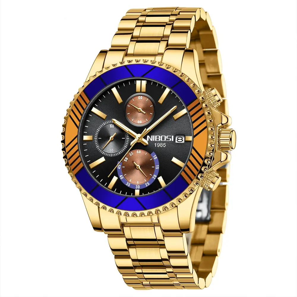 Nibosi 2553 Luxury Stainless Steel & Chronograph Men's Watch – Dial Color: Black Gold, Strap Color: Gold – View 1