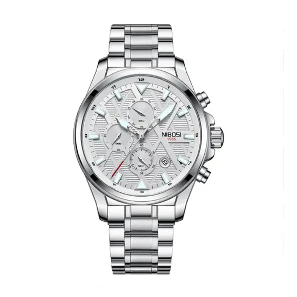 Nibosi 2510 Waterproof & Chronograph Stylish Men's Watch – Dial Color: White, Strap Color: White – View 1
