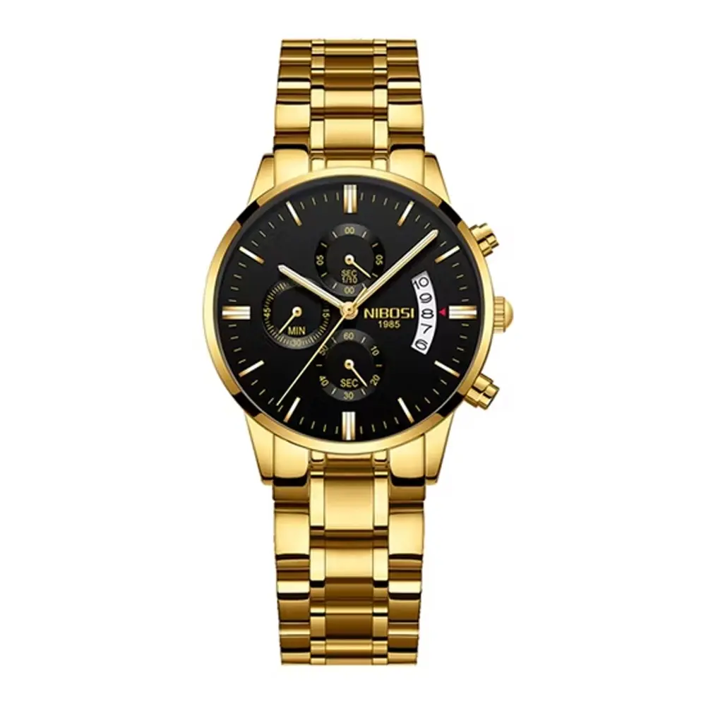 Nibosi 2309 Stainless Steel Multifunctional Classical Men's Watch – Dial Color: Black, Strap Color: Gold – View 1