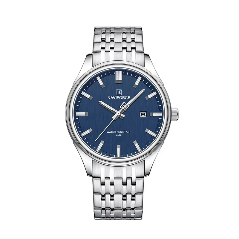 Naviforce NF8039 Luxury Stainless Steel Quartz Analog Casual Couple Watch – Dial Color: Blue, Strap Color: Silver – View 1