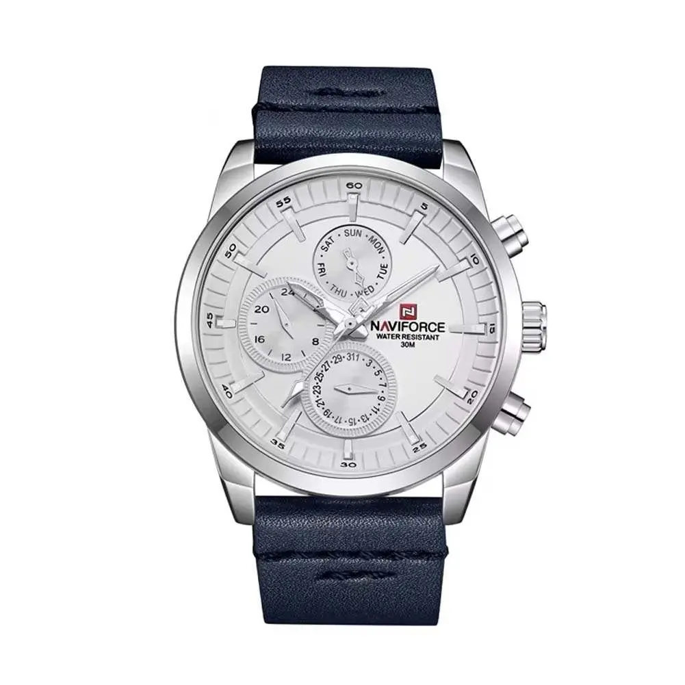 Naviforce NF9148 Custom Luxury Leather Strap Quartz Casual Men's Watch – Dial Color: White, Strap Color: Blue – View 1