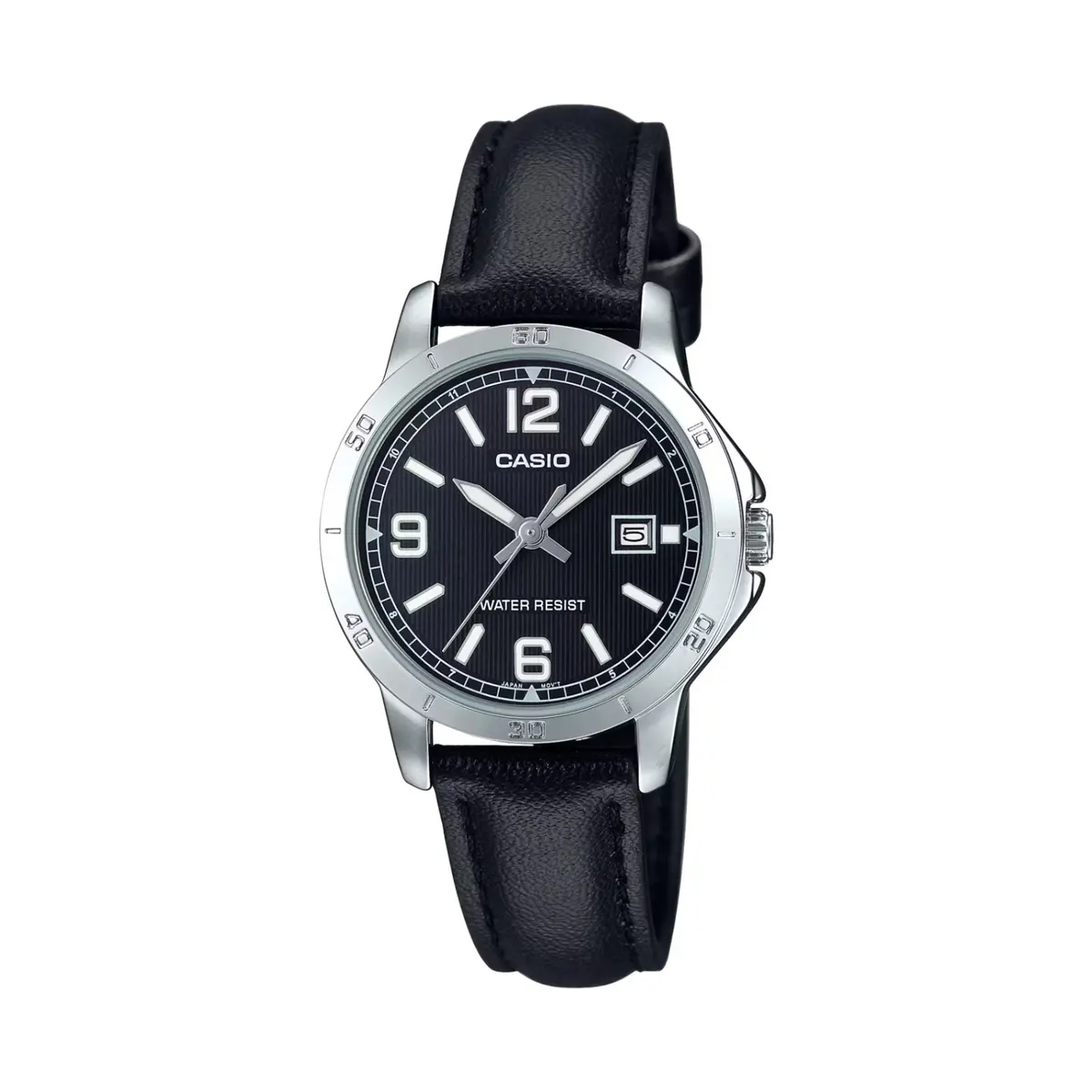 CASIO LTP-V004L-1BUDF Classic Leather Strap Stainless Steel Women's Analog Quartz Watch – Dial Color: Black, Strap Color: Black – View 1