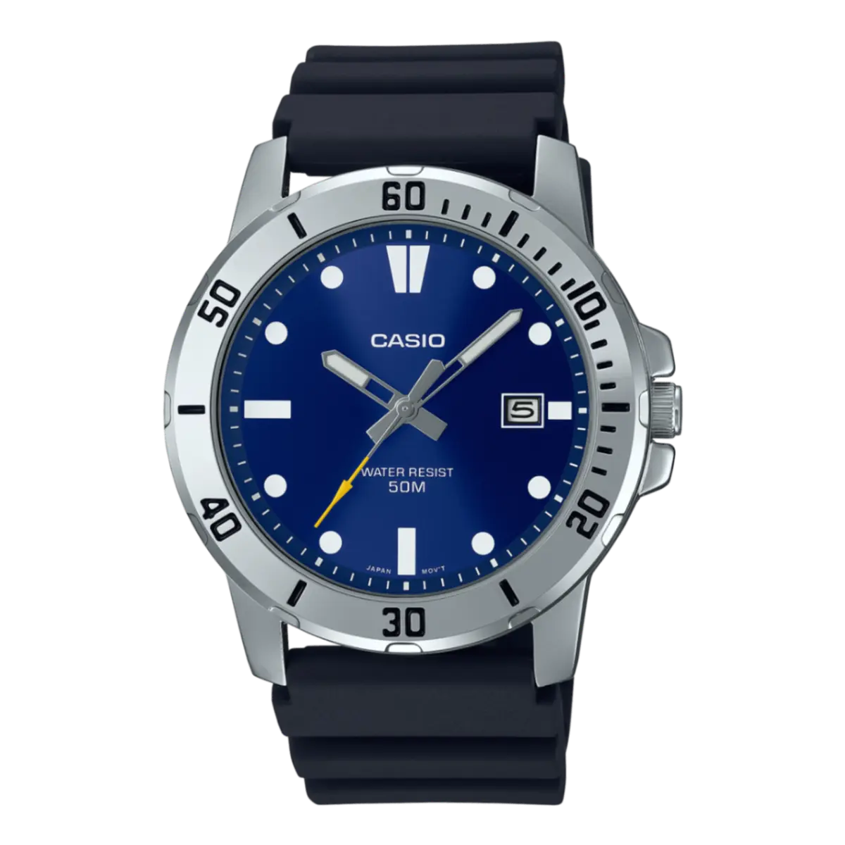 CASIO MTP-VD01-5EVUDF Enticer Stainless Steel Case Luminescent Men's Sports Analog Watch – Dial Color: Blue, Strap Color: Black – View 1