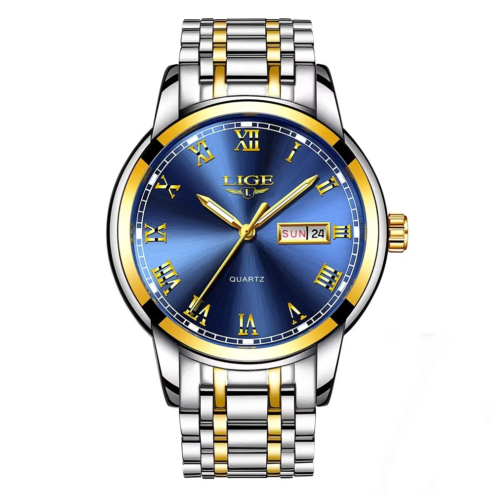 LIGE 9846 Premium Stainless Steel Analog Luxury Men's Watch – Dial Color: Blue, Strap Color: Black – View 1
