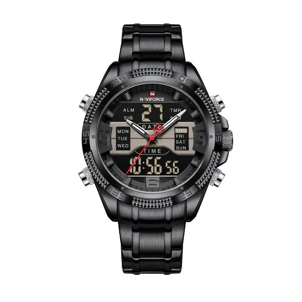 Naviforce NF9201 High Quality Stainless Steel Dual Movement Sport Fashion Men's Watch – Dial Color: Black, Strap Color: Black – View 1