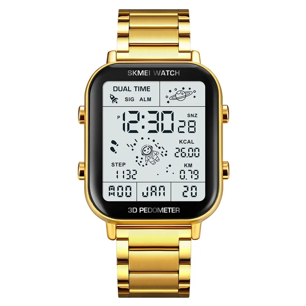 SKMEI 1888 Stainless Steel Calorie Mileage Digital Sporty Men's Watch – Dial Color: White, Strap Color: Gold  – View 1