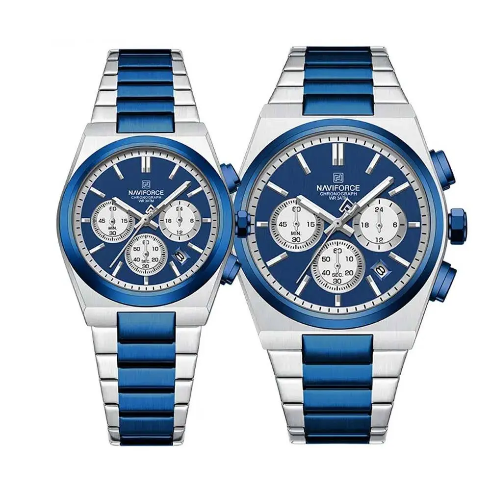 Naviforce NF8048 High Quality Stainless Steel Chronograph Classic Stylish Couple's Watch – Dial Color: Blue, Strap Color: Blue – View 1