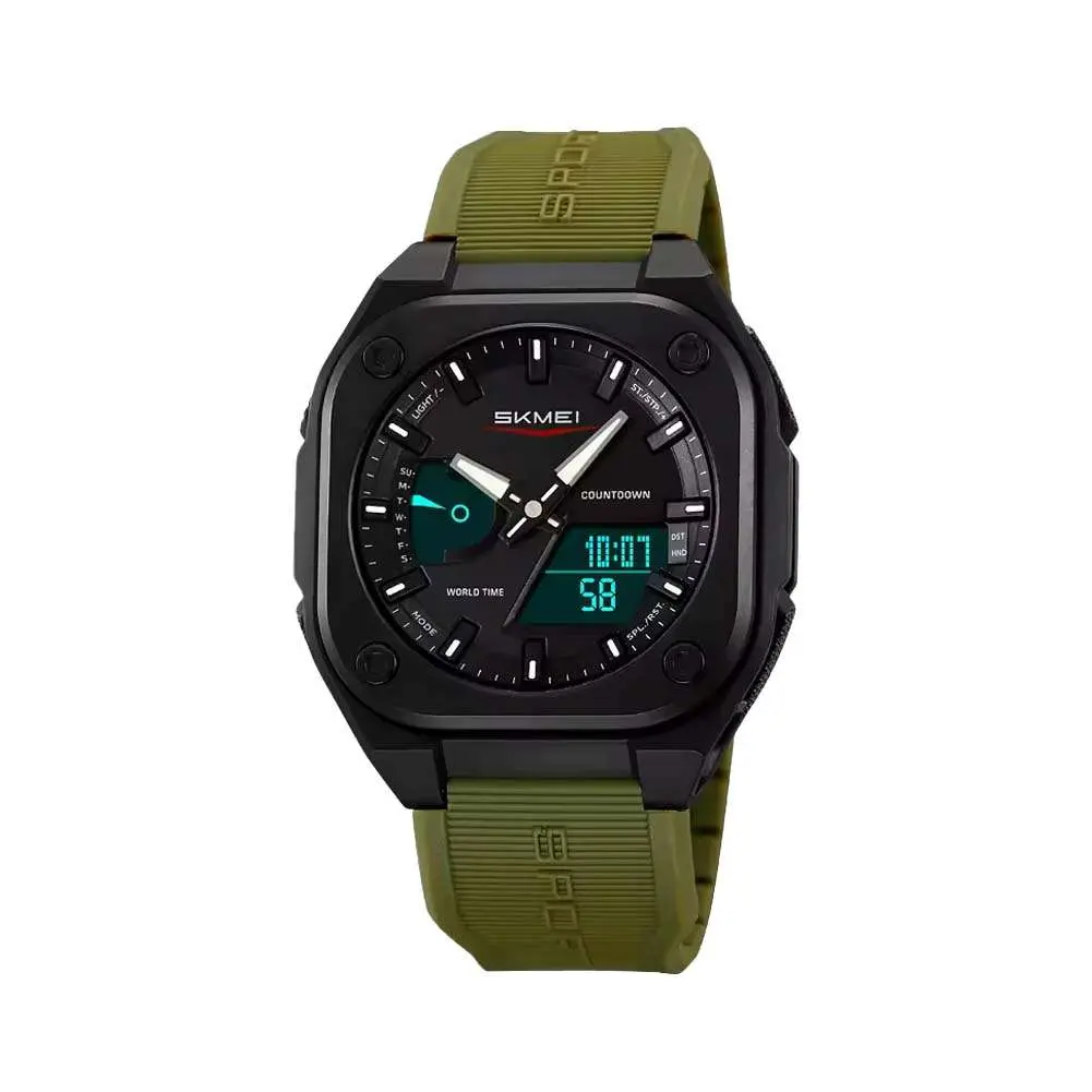 SKMEI 2328 Dual Movement Rubber Strap Sporty Men’s Watch – Dial Color: Black, Strap Color: Green  – View 1