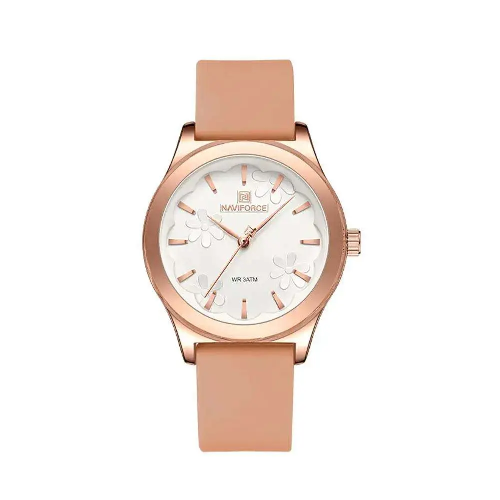 Naviforce NF5051 Comfortable Silicone Quartz Casual Fashion Women's Watch – Dial Color: White, Strap Color: Rose Gold – View 1