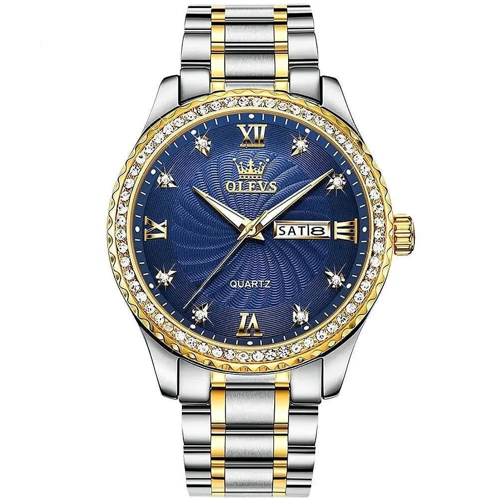 Olevs 5565 Luxurious Diamond Studded Bezel Stainless Steel Men's Analog Watch – Dial Color: Blue, Strap Color: White Gold – View 1