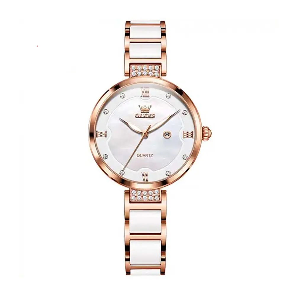 Olevs 5589 Fashion Quartz Round-dial Ceramic Analog Watch for Women – Dial Color: Brown, Strap Color:  Brown  – View 1