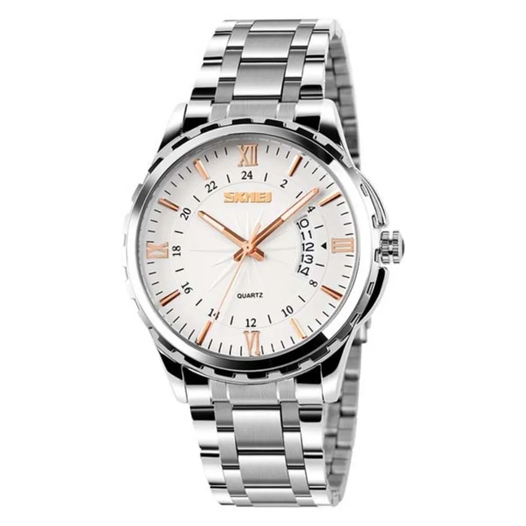 Skmei 9069 Stainless Steel Waterproof Quartz Men's Watch – Dial Color: White, Strap Color: Silver – View 1