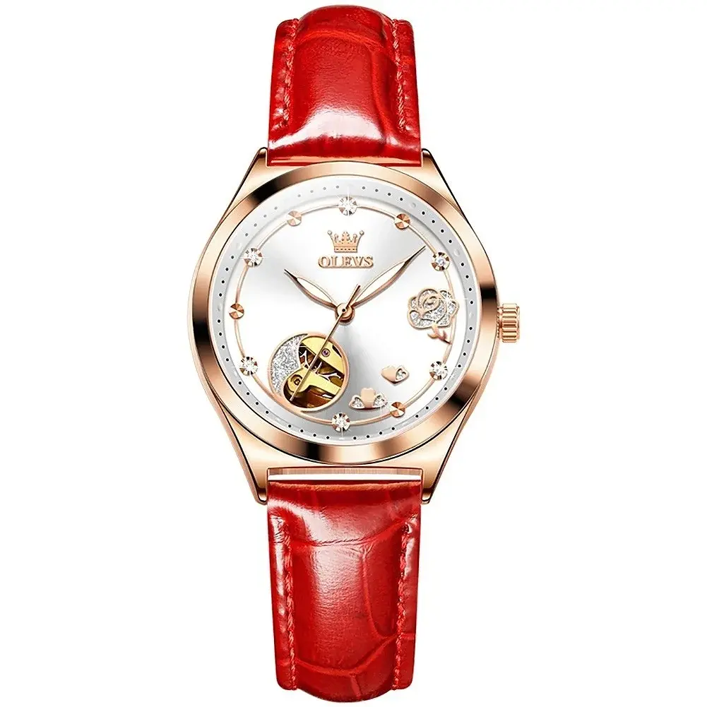 OLEVS 6601 Luxury Diamond Rose Waterproof Women's Hollow Mechanical Watch – Dial Color: White, Strap Color: Red – View 1