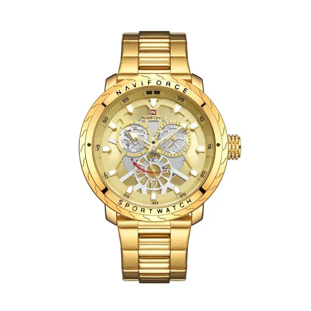 Naviforce NF9158 Luxury Stainless Steel Multifunctional Quartz Men's Watch – Dial Color: Gold, Strap Color: Gold  – View 1