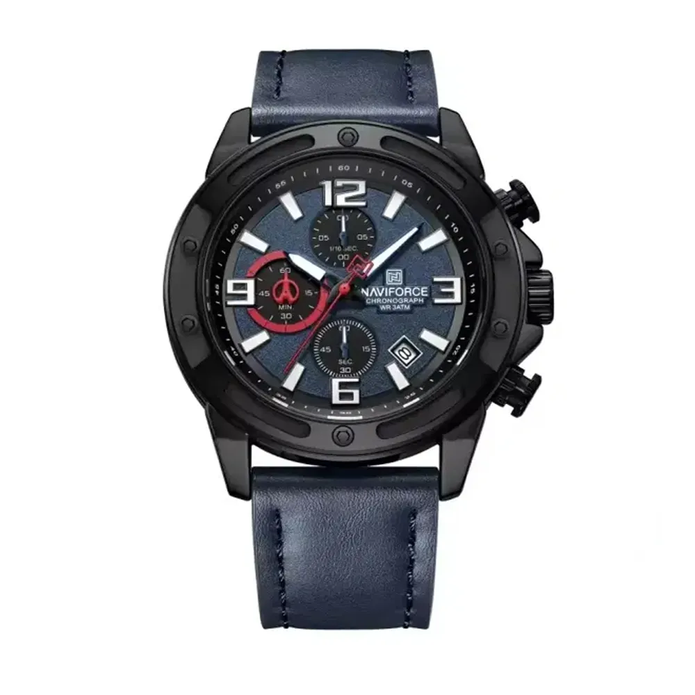 Naviforce 8074 Leather Strap Luminous Chronograph Men Quartz Wristwatch – Dial Color: Blue, Strap Color: Blue – View 1
