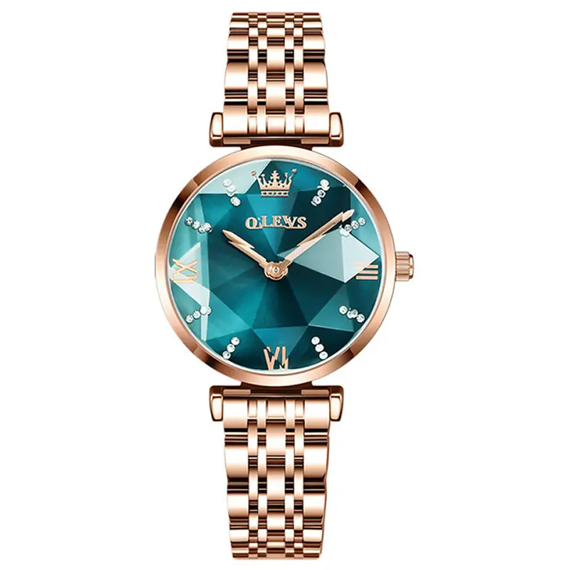 OLEVS 6642 Prisma Rose Gold Luxury Diamond Women’s Quartz Analog Watch – Dial Color: Green, Strap Color: Rose Gold – View 1