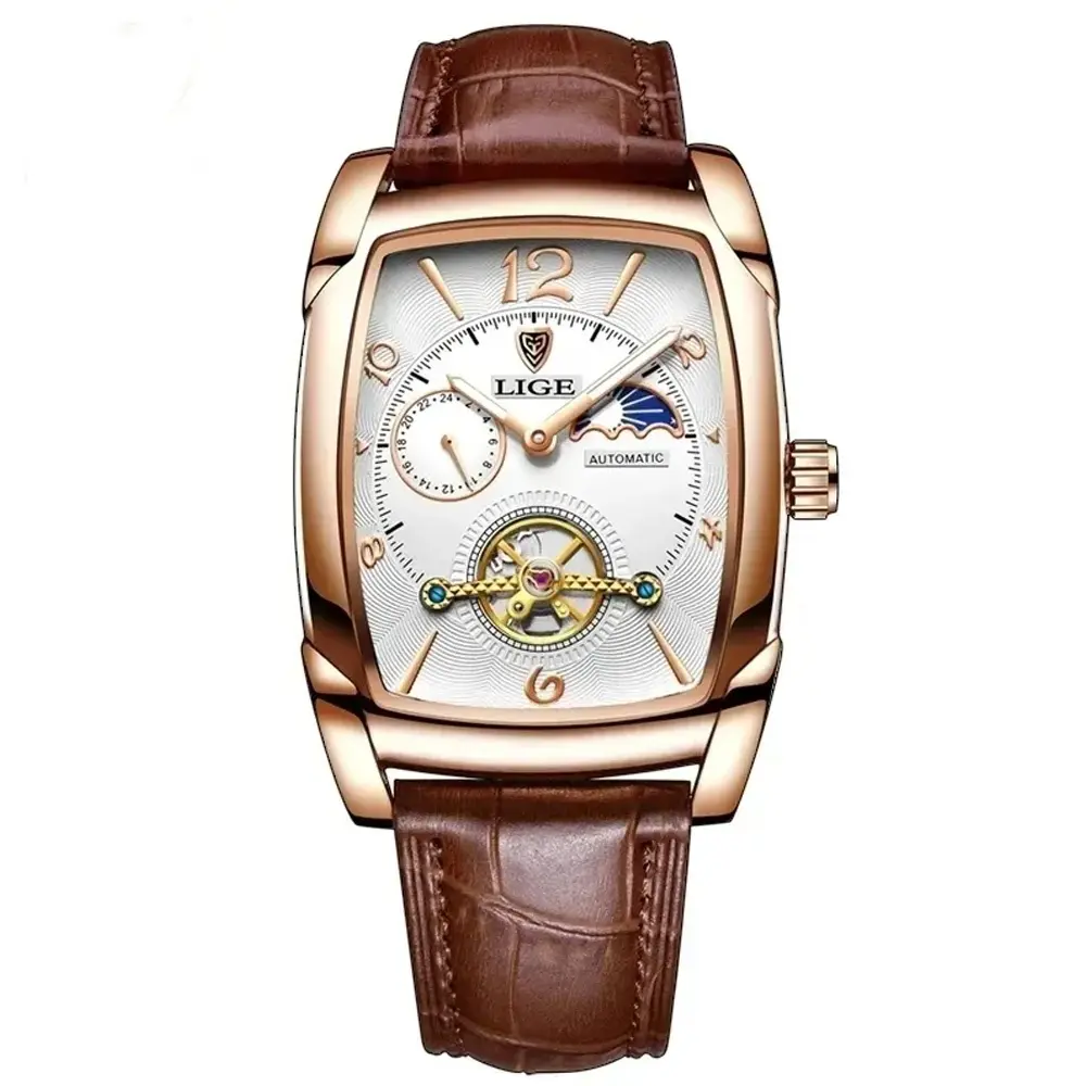 LIGE 8949 Exclusive Mechanical Leather Strap Moon Phase Casual Men's Watch – Dial Color: White, Strap Color:  Brown  – View 1