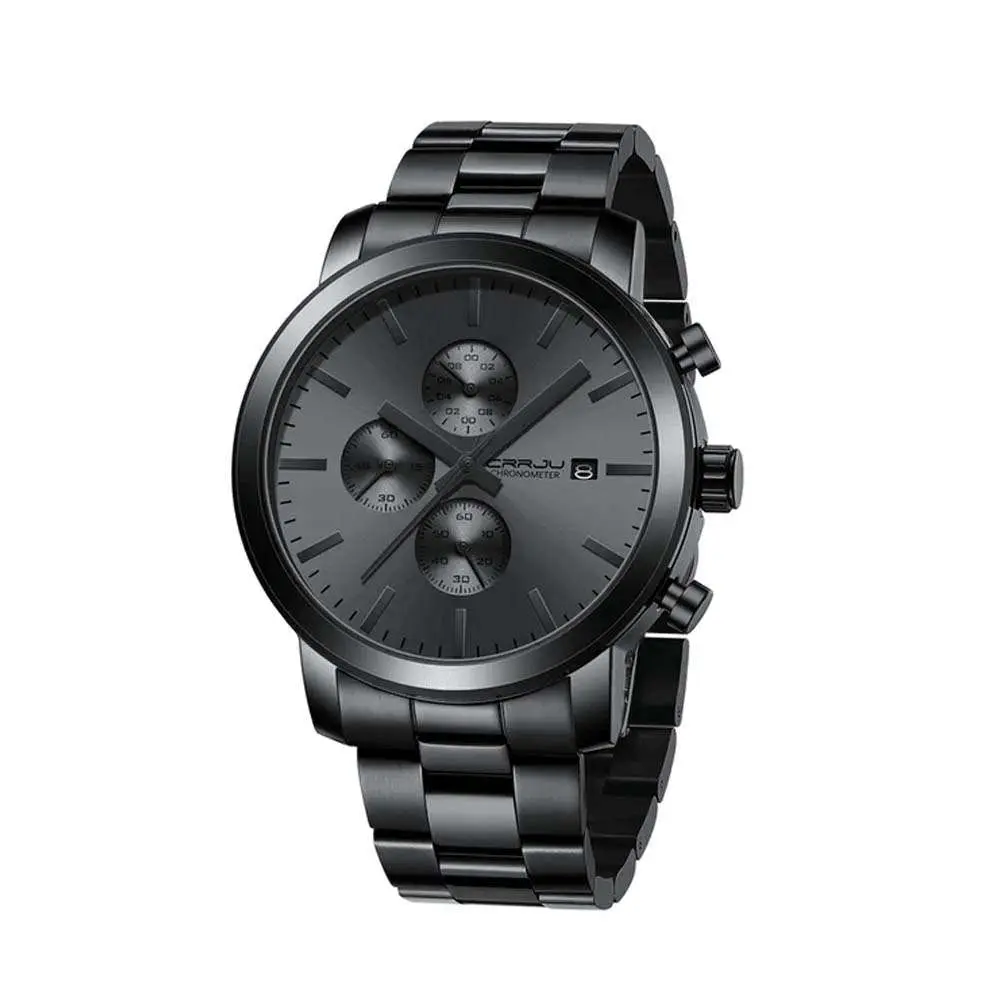 CRRJU 2287 Comfortable Stainless Steel Multifunctional Analog Quartz Mens Watch – Dial Color: Black, Strap Color: Black – View 1