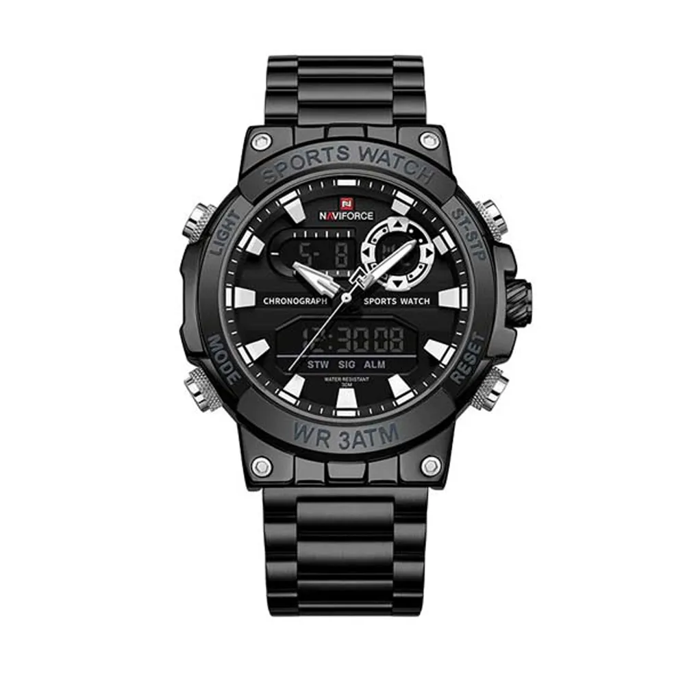 Naviforce 9237 Luxury Stainless Steel Strap Analog Digital Sports Men's Watch – Dial Color: Black, Strap Color: Black – View 1