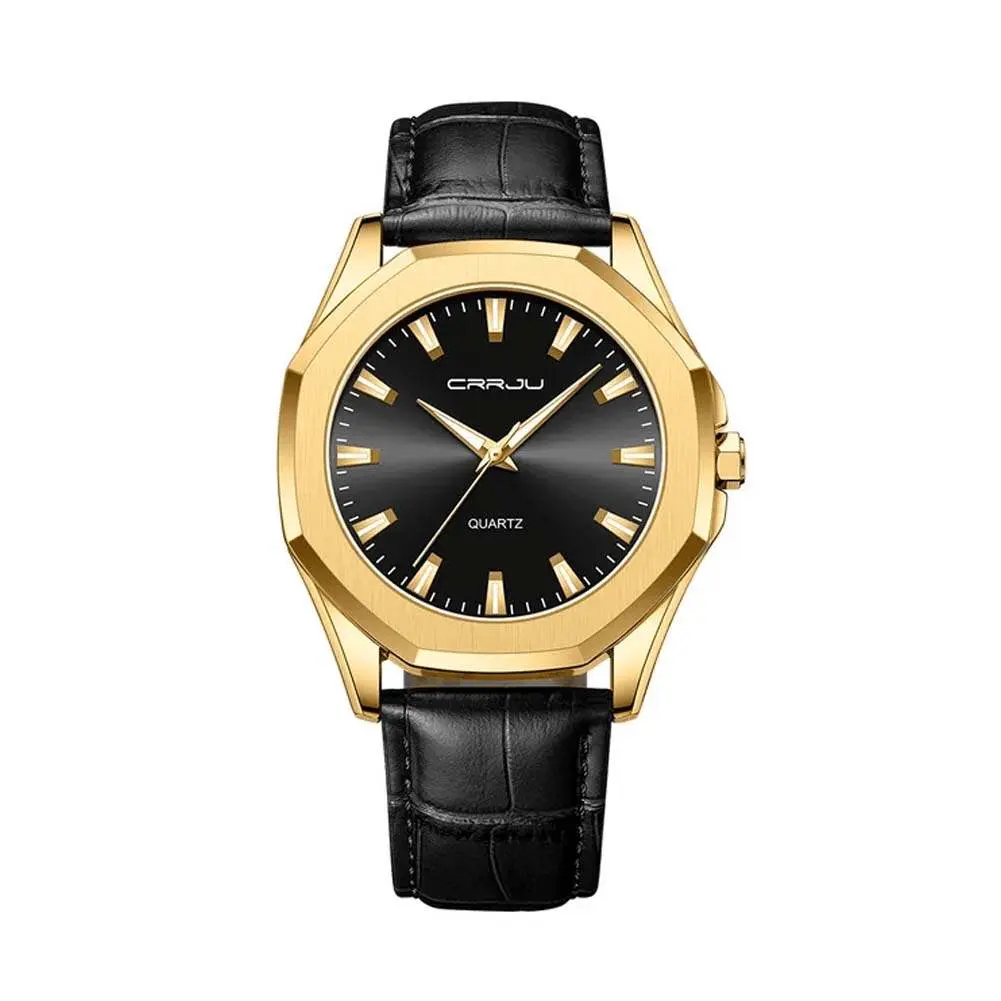 CRRJU 5015 Comfortable Genuine Leather Strap Luxury Fashion Men's Watch – Dial Color: Gold, Strap Color: Black – View 1