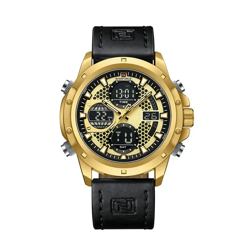 Naviforce NF9225 Elite Leather Dual Time Quartz Classic Men's Watch – Dial Color: Gold, Strap Color: Black – View 1