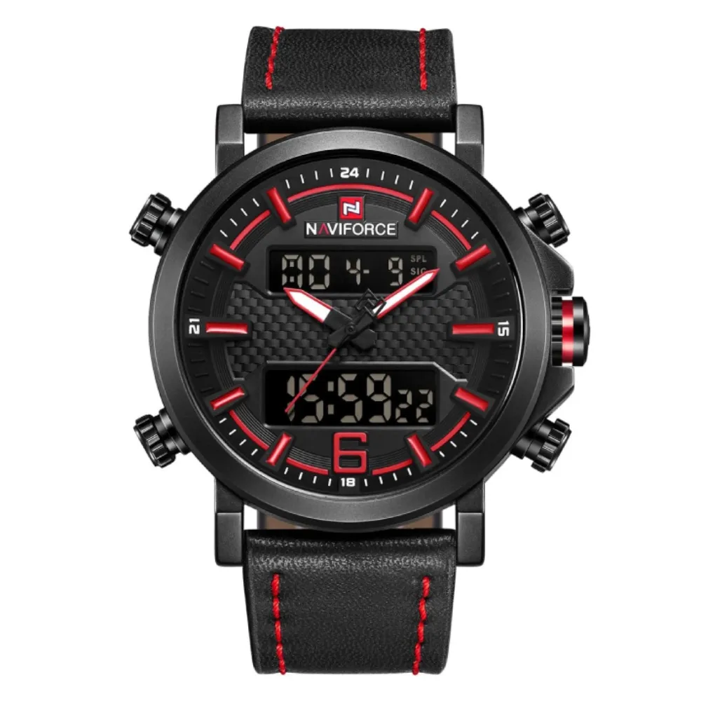 NAVIFORCE 9135 Analog LED Digital Dual Display Sports Men's Watch – Dial Color: Red, Strap Color: Black – View 1