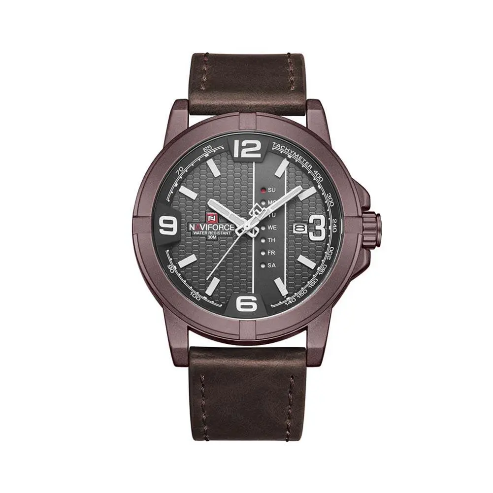 Naviforce NF9177 Top Quality Leather Strap Creative Calendar Unique Fashion Men's Watch – Dial Color: Black, Strap Color: Maroon – View 1