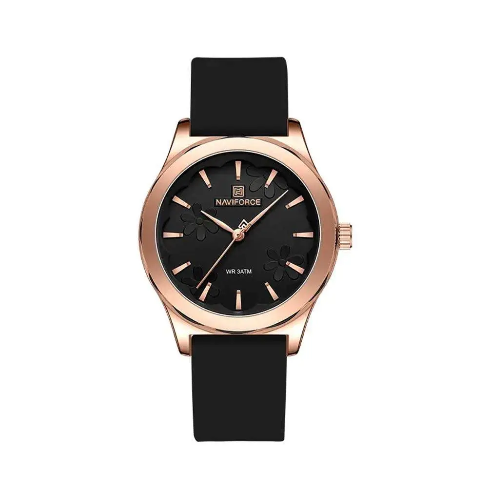 Naviforce NF5051 Comfortable Silicone Quartz Casual Fashion Women's Watch – Dial Color: Black, Strap Color: Black – View 1